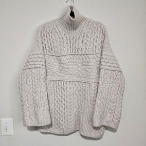 Nanushka Woman Cream Merino Wool Blend Cable Chunky Knit Sweater M/L Fisherman ~